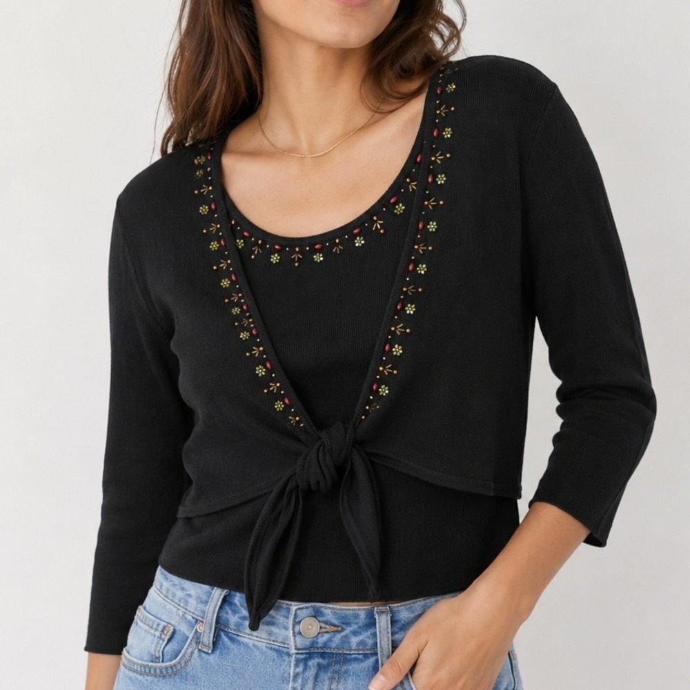 Sandra Darren Beaded Tie Front Sweater Set 8 Petite Y2K Office Goth Career